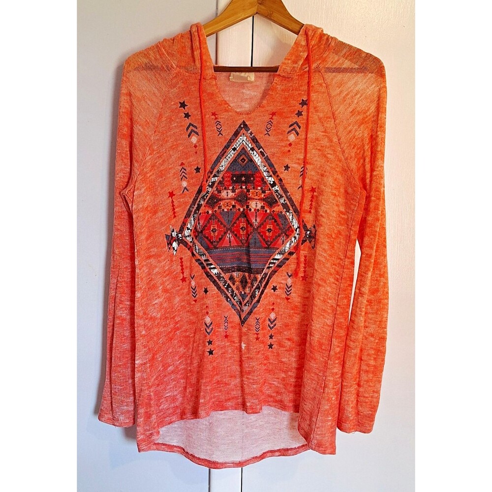 Self Esteem Womens Orange Aztec Geometric Pullover Hoodie Long Sleeve Size XL
